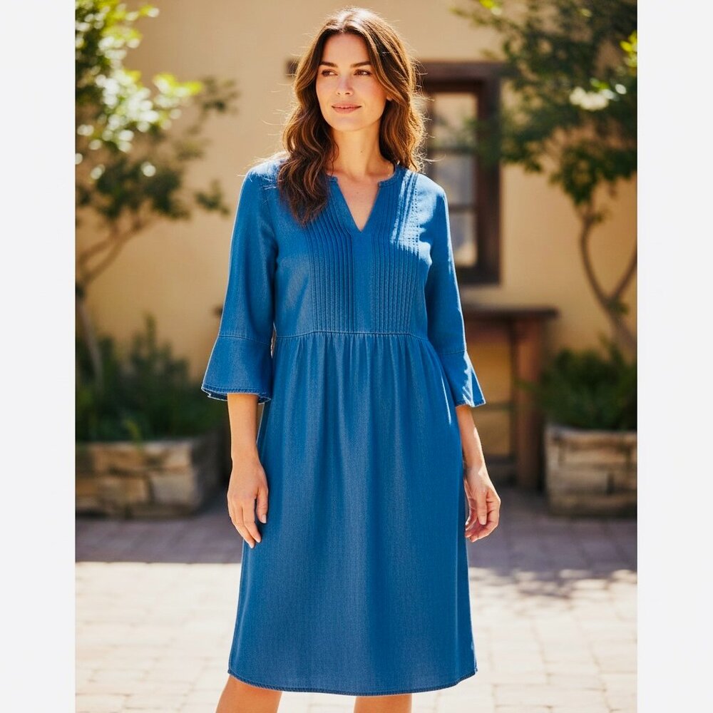 Reba Denim Dress V-Neck Pleat Front Midi‎ Chambray Western Classic S Blue #257A